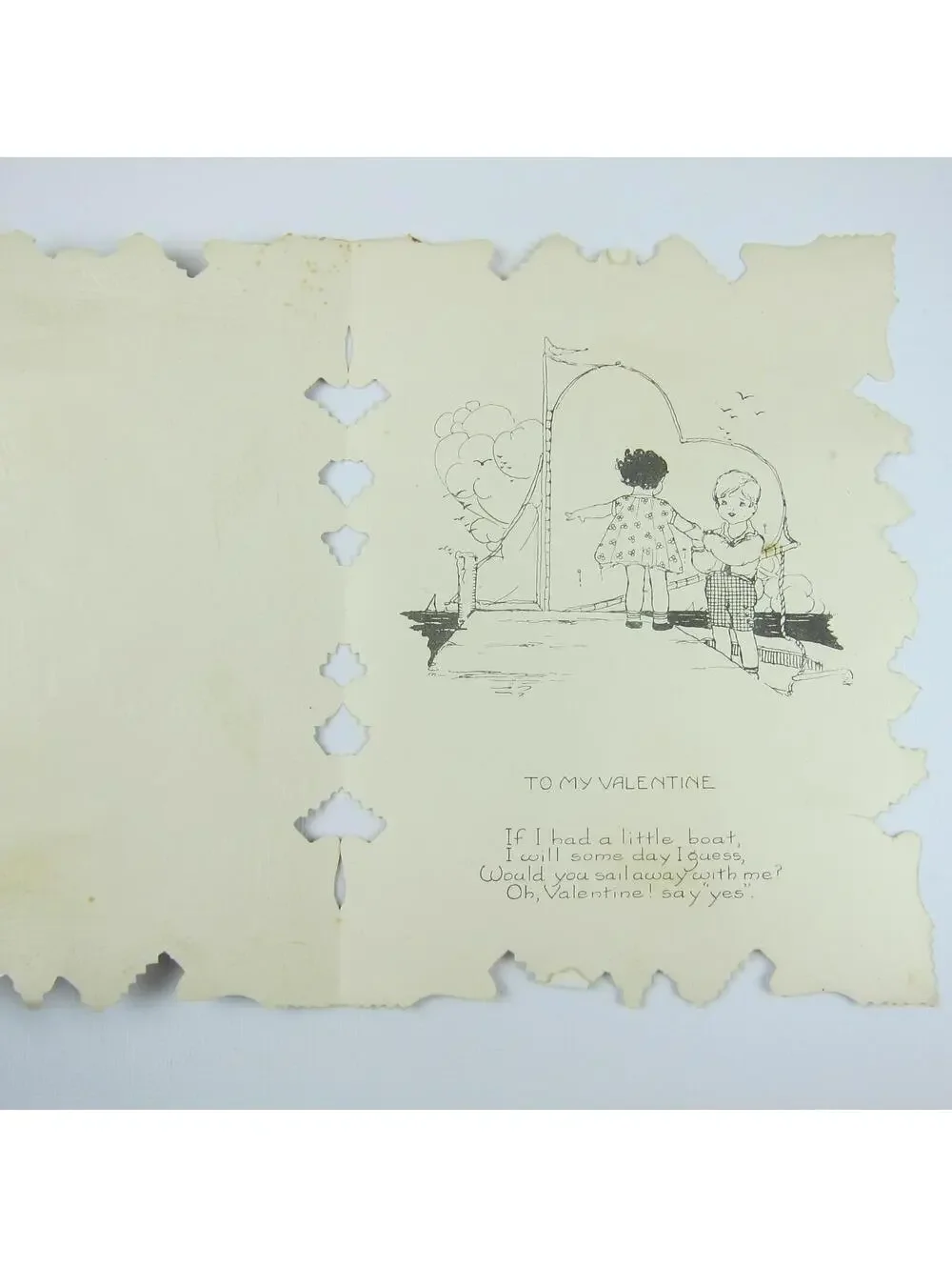 Antique Valentine Blonde Girl & Boy Drive Old Car Flowers Embossed Boat UNSIGNED